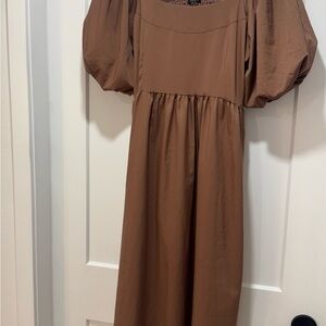 Elegant Brown Puff Sleeve Midi Dress